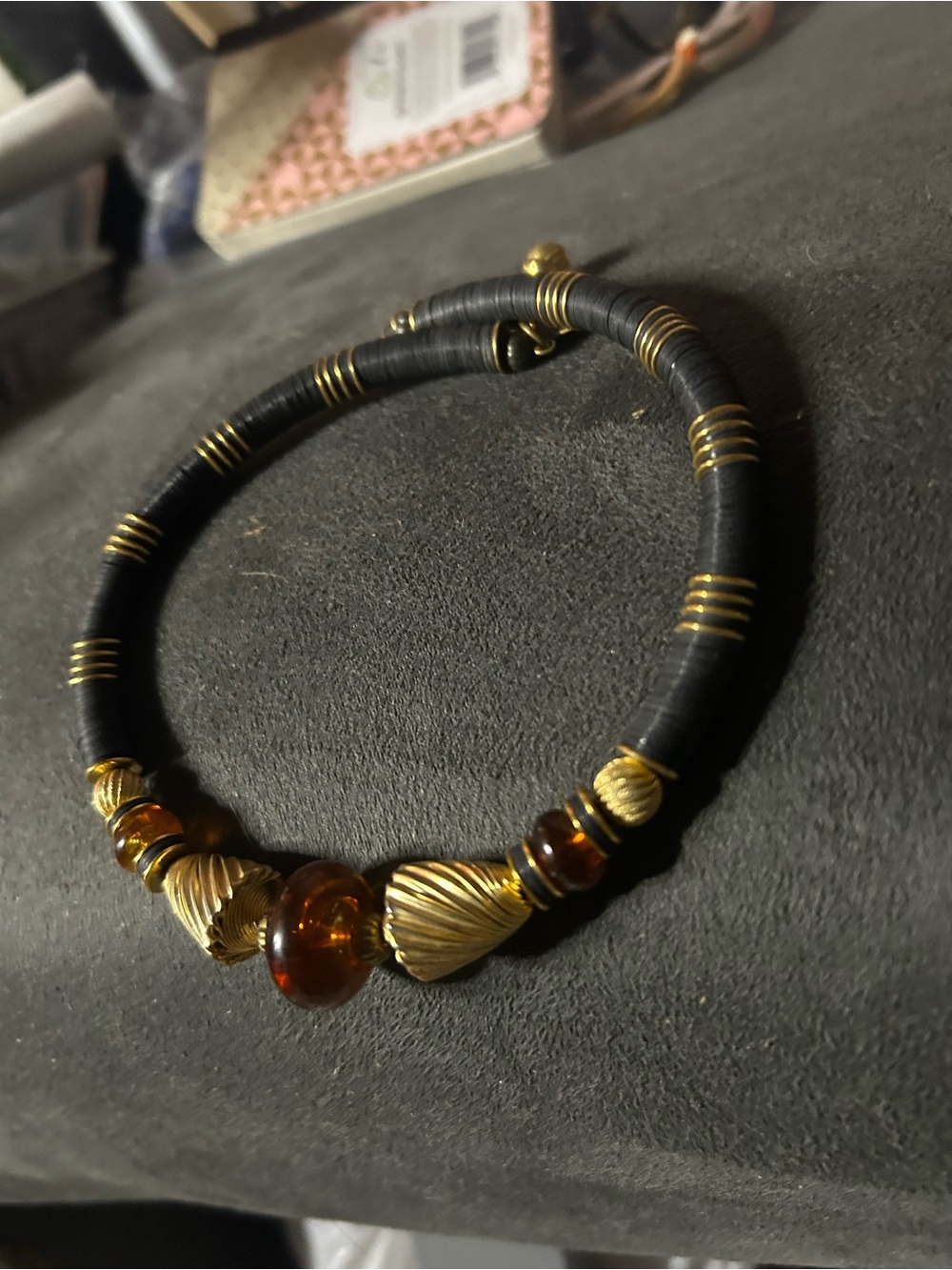 Gay Boyer stamped,Handcrafted Black and Amber Beaded Choker Necklace - Picture 2 of 3